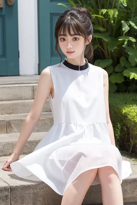  Im wearing a white, thin fabric dress that is sleeveless, has a hem length of 10 cm above the knee, and a large open collar on the chest、「Suzu Hirose」Please make the image of slouching forward 、 as realistic as possible 。