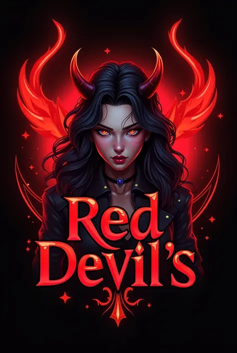 Create a game logo 
Containing a female character that is not very realistic
That the writing has the name " RED DEVILS " 
And surrounding it contains the color red and some decorations . 