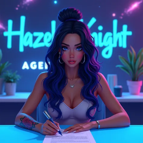 Sitting crossed legs at a desk that’s neon blue signing papers and on the wall says “Hazel knight  agency”neon blue and galaxy behind her A gorgeouse smiling caucasian, Greek female, golden bronze skin, with  bright blue eyes, extra long thick black hair w...