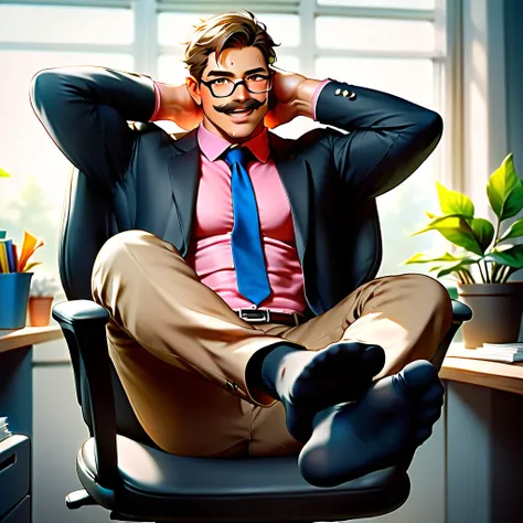 , Handsome muscular  brown haired  man with brown eyes smiling, looking at the viewer, sweating, wearing glasses, moustache, black suit, pink shirt, blue tie, brown pants, black socks, hands behind head , sitting on an office chair, office background, wind...