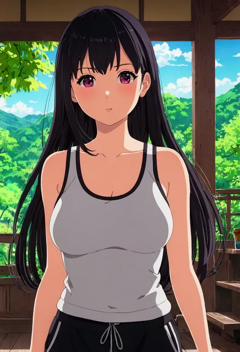 girl, adult, tanktop, breast,anime screencap, anime style, anime coloring, long black track pants with 3 strip, perfect stripped, ((4k,8k,Ultra HD)),((Masterpiece :1.2)),((Best quality :1.2)),((Detailed :1.5)),((Detailed background :1.5))