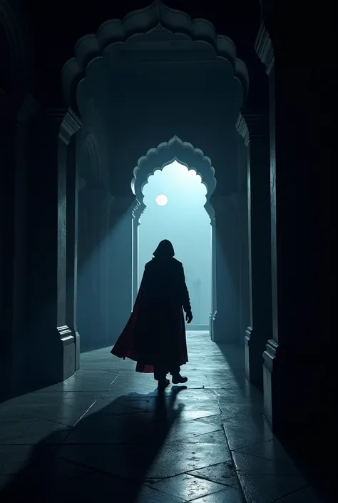 A Very Clear Ultra HD dynamic ImagImage Prompt: A dark, quiet night in the palace. The palace corridors are empty and silent. Arjun, in a cloak, sneaks down the hall toward the mysterious door. The moonlight shines through the windows, casting long shadows...