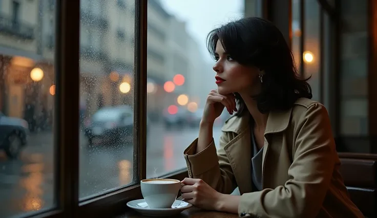 A sophisticated European woman sits in a dimly lit café by a rain-streaked window. She wears a beige trench coat loosely draped over her shoulders and gazes pensively outside as gray clouds cast a moody atmosphere. Her hands gently cradle a steaming cup of...