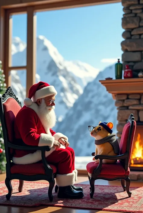 In the picturesque Swiss Alps, surrounded by snow-capped mountains under a clear blue sky, Santa Claus sits regally on a luxurious wooden throne, dressed in his iconic red suit, exuding warmth and wisdom. Opposite him, a distinguished hamster sits on a cus...