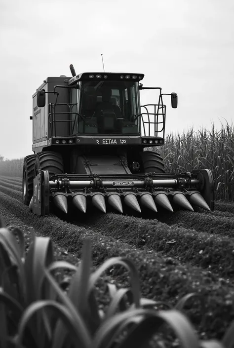 Create a corn shredder in the corn field for me black and white