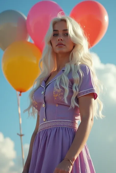 A beautiful sexy women with pure toxic with gold on , white hair,in purple and Gray skirt shirt dress wear,model pose, Blue eyes ,biggest boobs,in colourful balloons in back on sky,realistic photo, different background,showing her boobs, gold and black & w...