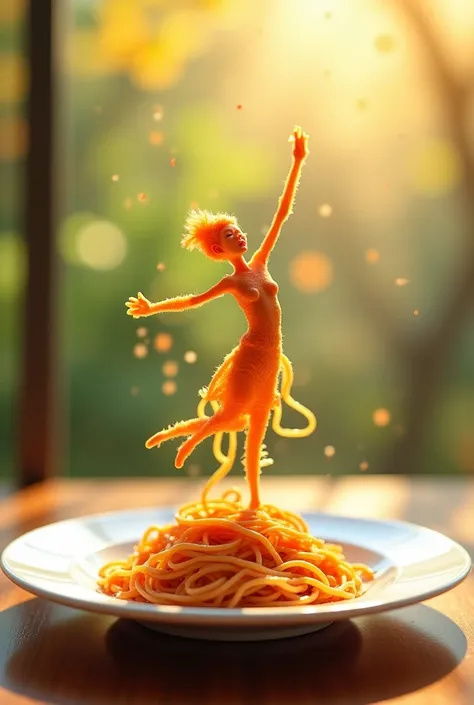 prompt-A whimsical miniature figure composed of delicately arranged noodles, poised in a carefree dance on rim of the plate white shiny plate set on a table vibrant kitchen backdrop where dappled sunlight filters through the canopy above casting intricate ...