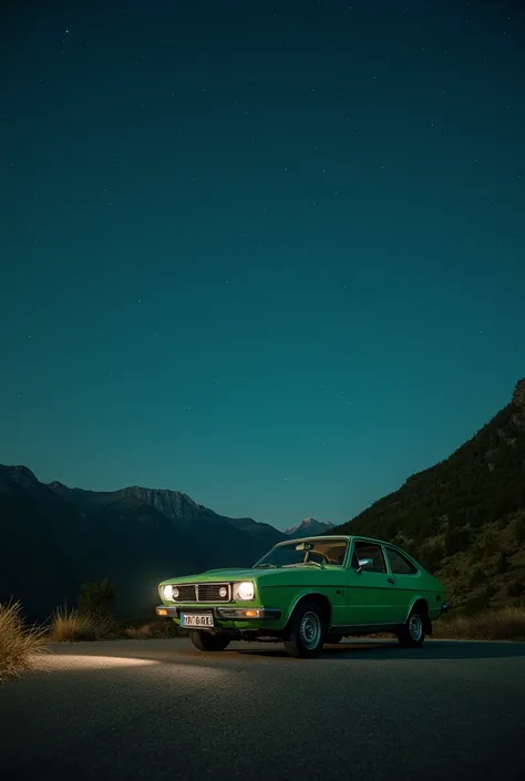 Gavis night is a bas, the color of the bas is green, the car is a little broken, there is a small hills  on the right side of the bas, there are big and colour ful stars in the sky, small hills behind the bas, quiet natural environment.
