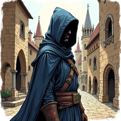 Gary Chalk style colour line art drawing,  medieval city , hooded thief in medieval clothing