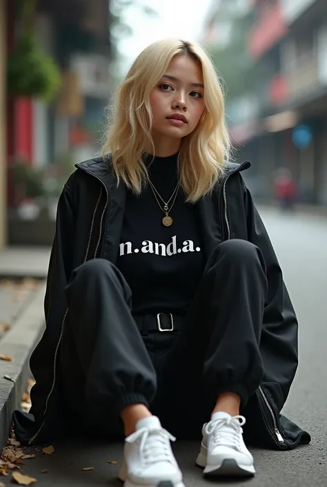 Make an Indonesian Woman,  blond haired ,  Wear a black jacket with the inscription  " n a n d a  ", black pants, white shoes,  sitting on the roadside 