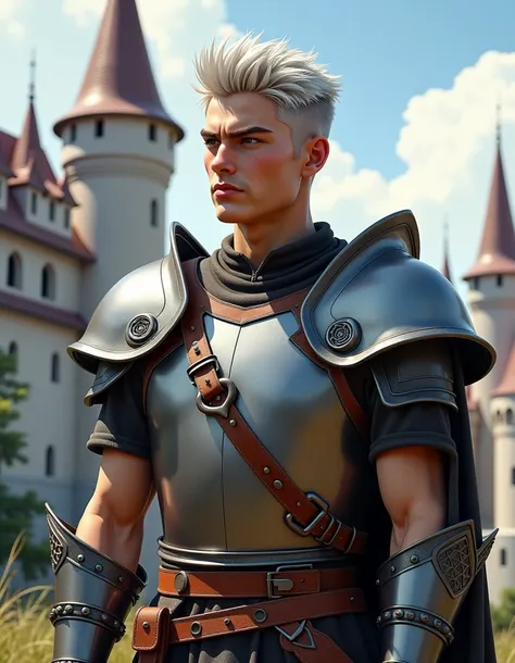 Pathfinder kingmaker style portrait of a cute, heavily muscled, pug nosed, intense looking 18 year old male fighter in heavy armless chest-plate with short length, undercut, spikey, silver color hair, holding a glaive, in front of a medieval castle.