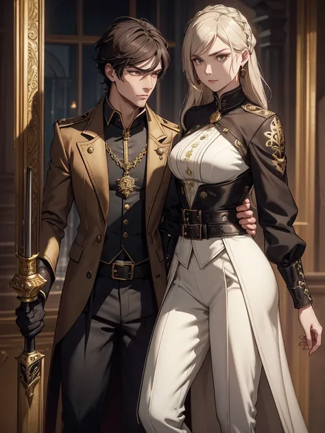  A complete and detailed design of a woman elegant and confident ,  dressed in an outfit that mixes fantasy and steampunk aesthetics .  She wears a tight brown coat with gold embroidery that decorates the lapels , the cuffs and sides , highlighting his fig...