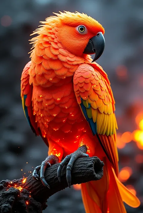 A strikingly vivid crow
 perched on a scorched volcanic branch, its entire body composed of molten lava. The parrots feathers are intricately formed from glowing streams of red, orange, and yellow magma, flowing and shifting like liquid fire. Its wings shi...