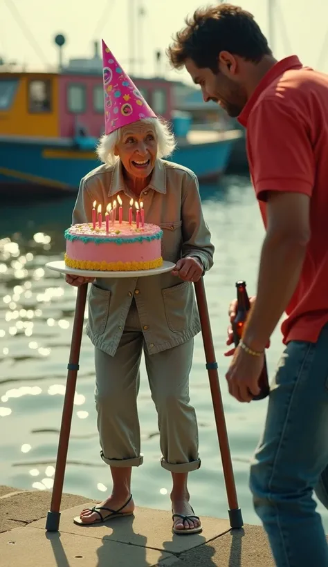 **"A realistic cinematic close-up showing an elderly bald woman hobbling on crutches with only one leg, wearing a bright pink birthday hat with colorful patterns. She is holding a large, vibrant cake with lit candles, her eyes expressing fear and anguish. ...