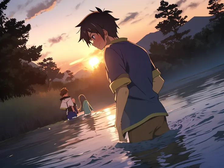 megumim and kazuma at konosuba, kissing in river, in sunrise