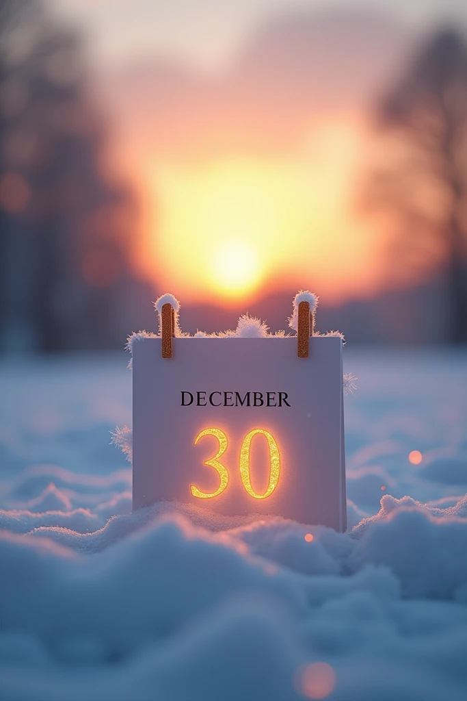 
"A serene winter morning scene with a glowing sunrise over a peaceful horizon, symbolizing the last Monday of the year. A calendar showing December 30 highlighted with a golden light."