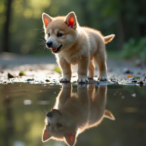  A cute puppy dog ,  with its soft coat and big ears ,  is standing on a pool of water .  The sun shines slightly ,  creating a perfect reflection in the calm water . but, When you look at it closer ,  in the reflection you cant see the small and docile do...