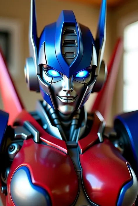  Arcee/ female optimus prime a beautiful autobot robot from transformers in the family room. Looking at and standing up super close to the camera like a close selfie  
Female Arcee  metallic robot face
Dark metallic blue and red   very  muscular autobot bo...