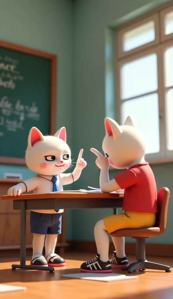 In cinematic 3D style, HD image, realistic image, colourful image.
Character, white baby cat wearing white shirt blue tie and blue shorts.
Character, fit body Johnny big white cat wearing red t-shirt and black jeans and black and white sports shoes. 
Chara...