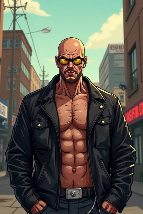 BALD MAN IN A BLACK LEATHER JACKET WITHOUT A SHIRT UNDER HIS JACKET WITH YELLOW LENSES AND A CIGARETTE IN HIS MOUTH IN ANIME OR CARTOON TYPE GTA SAN ANDREAS