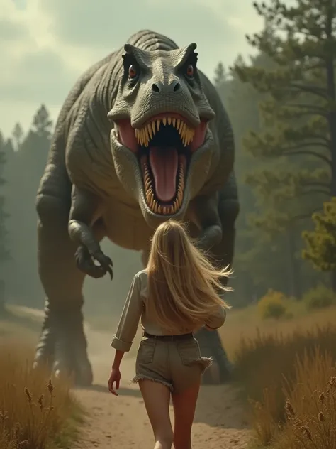 (Masterpiece, photorealistic from front) foreground:a woman, 20 years old, long blonde straight hair, leaning forward, anxious, running she’s mad and she’s yielding.background:Behind her a gigantic T-Rex with his mouth full open. Cinematic scenery. Dramati...