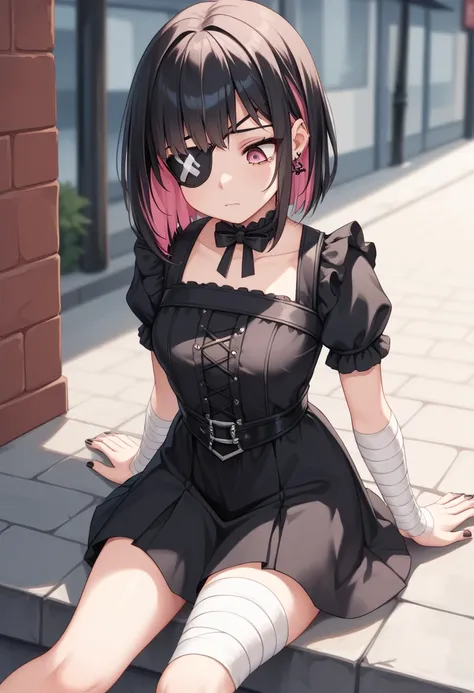 (masterpiece), best quality, expressive eyes, perfect face,urban street ,1 cute anime girl,solo, pink gothic blouse,black gothic skirt, bandage wrapped around the head,(eye patch), bandage wrapped around the leg , sling on bandage wrapped bent arm  ,sittin...