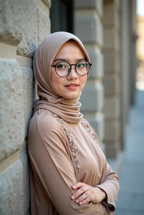  Young woman in hijab in light beige color ,  wears clear rimmed glasses . Ia mengenakan baju kurung warna light brown  dengan detail kerudung yang senada.  Her expression is calm and her gaze is slightly sideways to the right . Her body is somewhat contai...