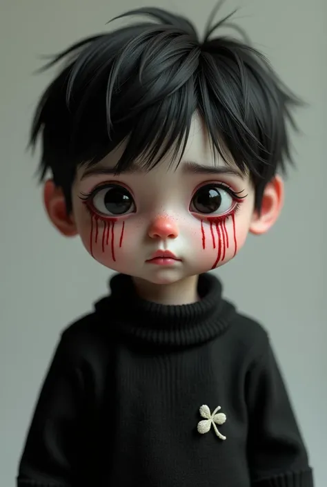 Make a 3D art of a year old boy with messy black hair with slanted eyes drastically downwards at the sideswith red marks across his nose and wearing black sweater with a upside-down clover 