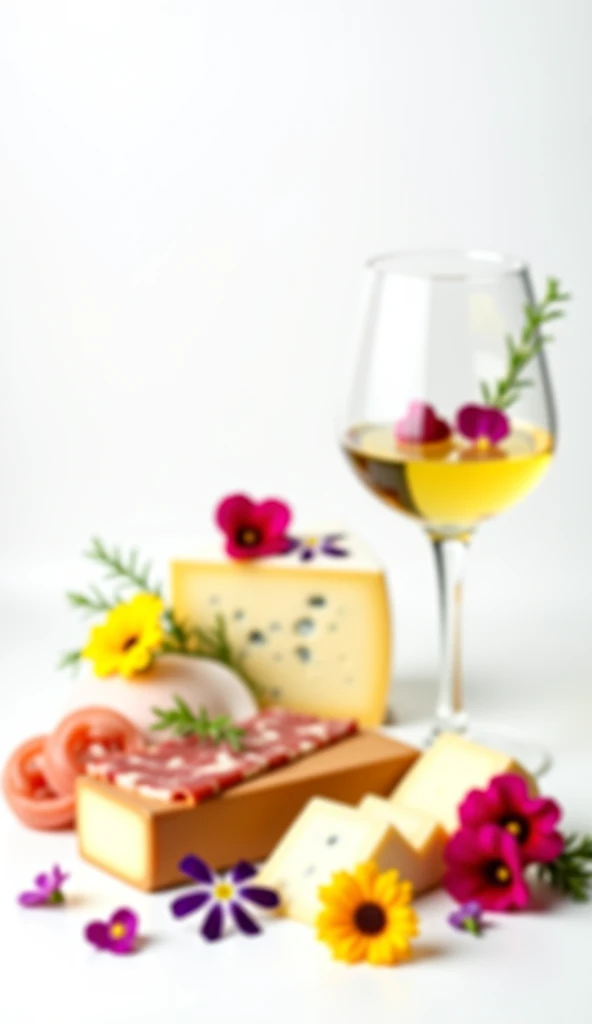  wine glass filled with fine cheese, flowers and jamón serrano white background