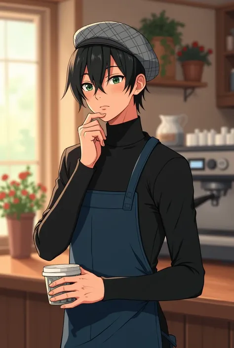 A digital illustration of a young man around 22 years old, with straight short black hair, green eyes, and light tan skin. He is wearing a black turtleneck long-sleeved shirt, a navy blue apron, and a grey plaid beret. He has a thoughtful expression as if ...