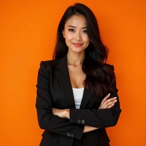  White Thai woman ,  long black hair , black slanted eye , gloss,  perfect body,  defined body. Wearing an executive suit ,  pose with arms crossed. orange background. corporate photo