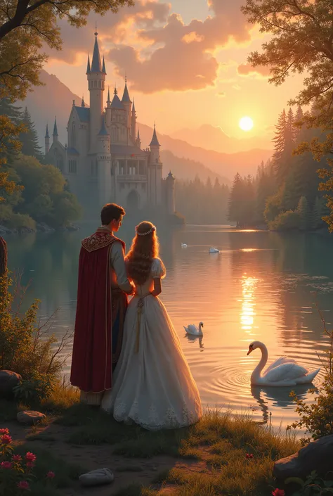 For a couple of princes and princesses relaxing by the lake and seeing 2 swans and enjoying the sunset with a castle in the distance