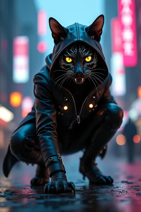 A cyberpunk humanoid cat man, detailed facial features, intricate cybernetic enhancements,blue and red assassins hooded robe leather armor neon-infused cityscape backdrop, dramatic lighting, cinematic composition, highly detailed, 8k, photorealistic, maste...