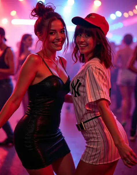 Full body shot of two young women dancing beside each other on the dance floor of a busy night club. They are both looking into the camera and smiling. Woman 1 is 31-years-old with dark red dishevelled hair tied back in two messy buns. She is wearing a bre...