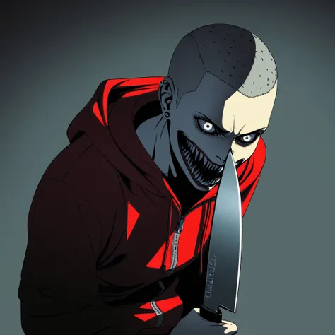 a shaved head girl wearing red zipped hoodie, laughs maniacally while holding a sharp knife, hyperrealistic, extremely detailed, 8K, cinematic lighting, dramatic, intense, face full of emotion, piercing eyes, sharp features, high contrast, moody colors, de...