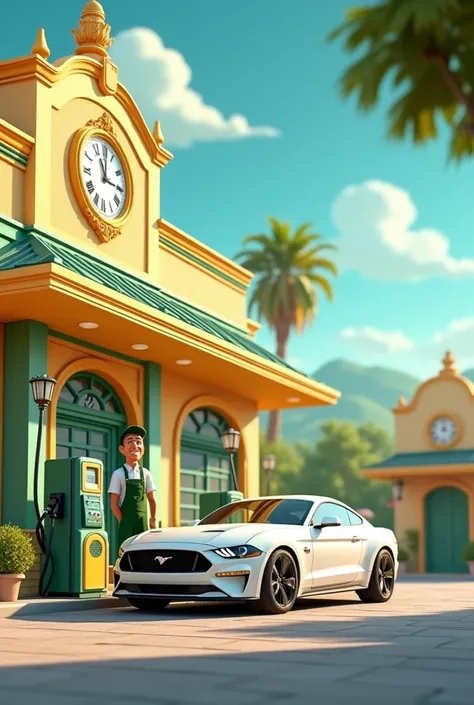 Create an animated image showing a large and beautiful luxury gas station painted green and yellow, with a man gas station attendant happily smiling at the photo alone wearing green clothes and cap holding the fuel hose next to a white car in the morning 