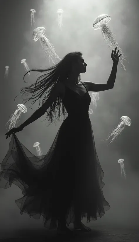 The image shows a beautiful woman, long black hair, wearing a jellyfish dress, conceptually dancing in a three-dimensional room with floating holographic jellyfish. It exudes an air of mystery and intrigue. The use of black and white enhances the dramatic,...