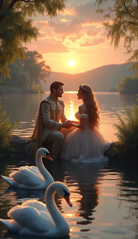 make a picture of a couple of prince and princess relaxing on a lake with sunset atmosphere then there are 2 swans in the lake