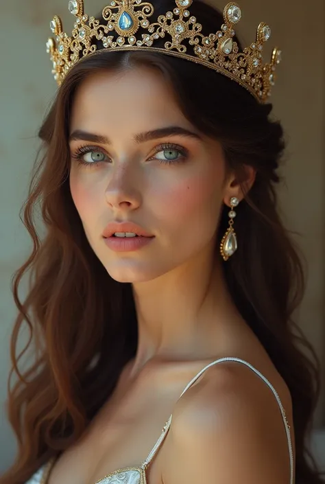 A crown on a womans head brown hair light blue eyes 
