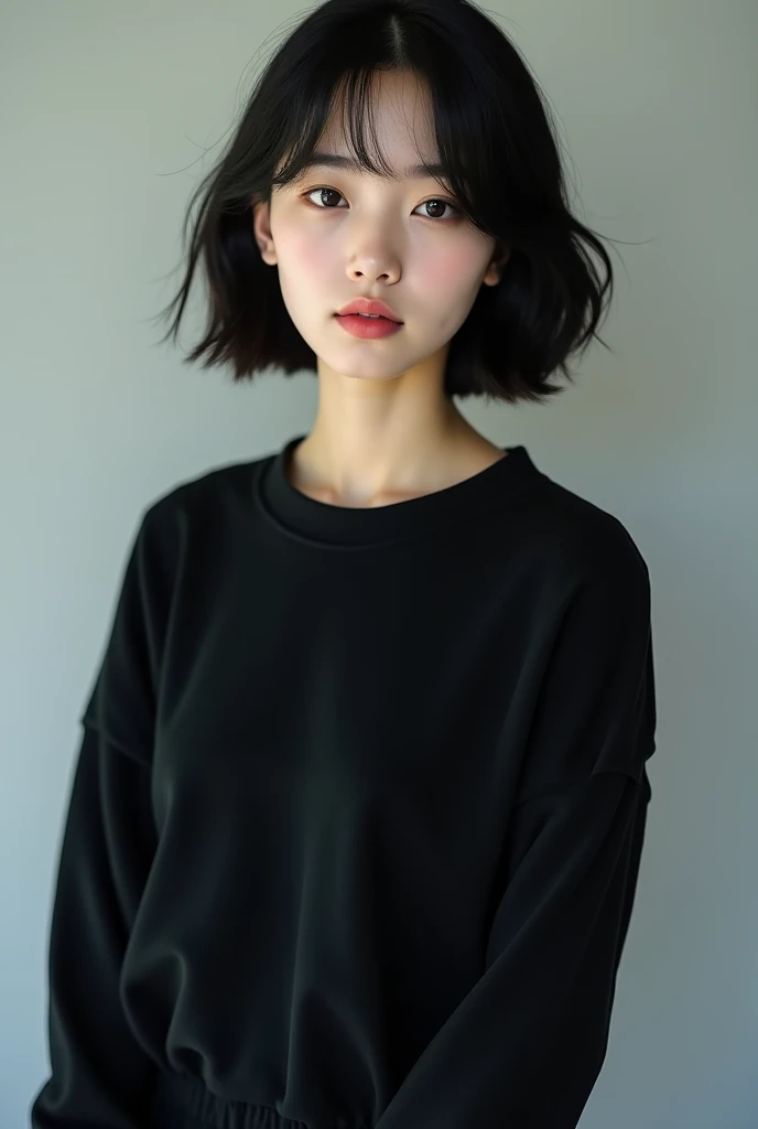  Generate a Korean girl with short hair slanted eyes black medium straight hair with a black sweatshirt, A black Korean-style short just like K-dramas 