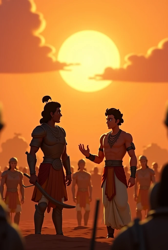 In cinematic 3d cartoon style "A dramatic scene from the Mahabharata set on the battlefield of Kurukshetra. In the foreground, Arjuna, dressed in armor, stands with his bow lowered, looking confused and torn, facing his chariot. Lord Krishna, his chariotee...