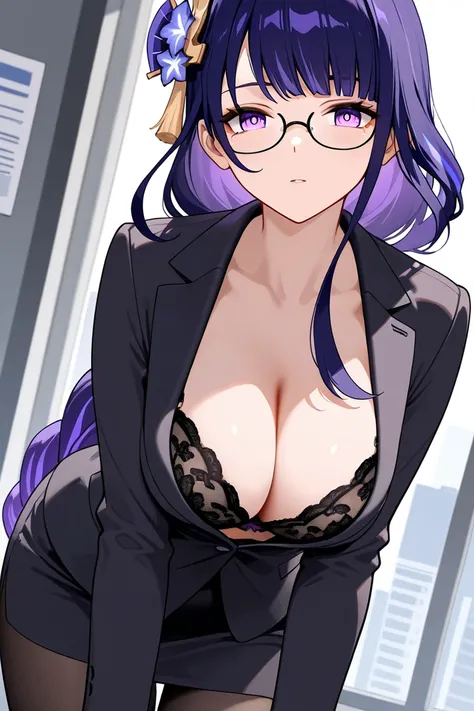 Genshin Impact, Shogun Raiden, 1 girl, office lady, black jacket, glasses, black bra