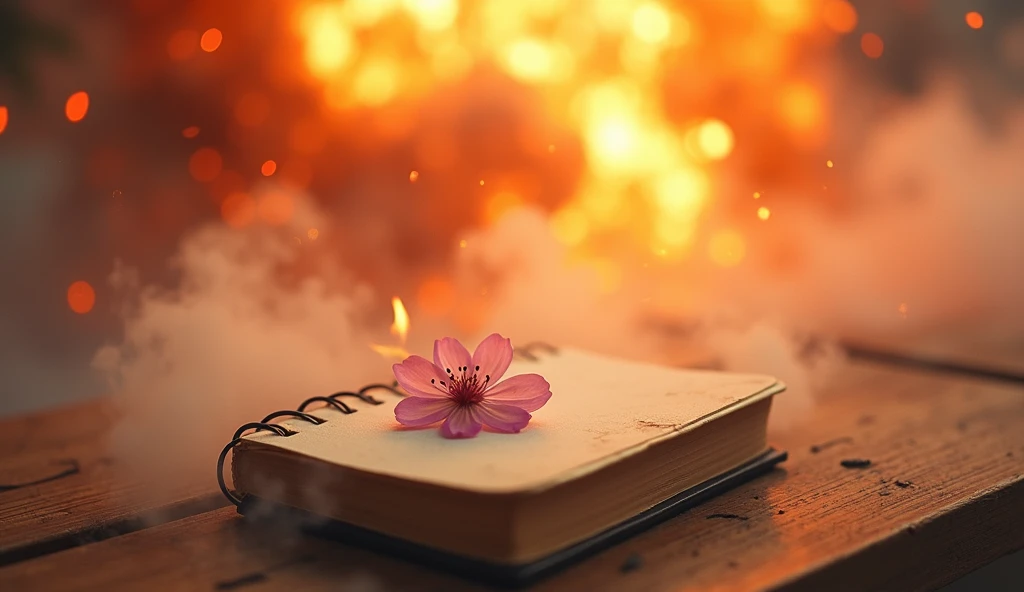 "A delicate, small notebook with a pressed sakura blossom on the cover, surrounded by swirling smoke and fire. The notebook is being consumed by the flames, with only faint traces of its existence remaining. In the background, a young girl’s innocent smile...