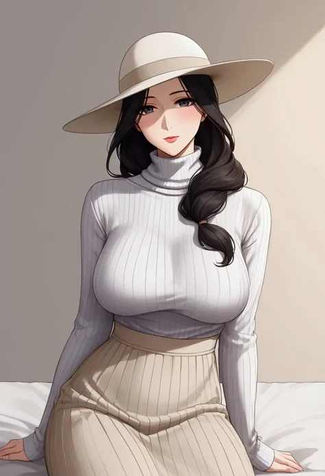 mother, milf, mature female, perfect face, perfect lighting,Black Hair、Straight Hair、Long hair tied in a low position、sexy female, High neck long sleeve white ribbed knit T-shirt(loose)、Long maxi skirt, Sexy, hat, 