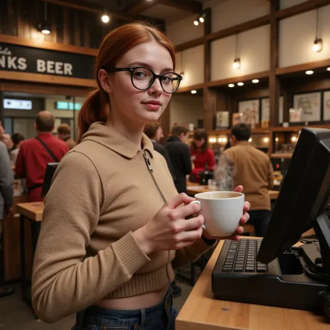 Photorealistic wide-angle shot, (night shot), She is sitting at the cash register in a modern farm shop . The focus is on the cleavage .  They have wide hips and big butts . A sixteen-year-old   (redheaded girl)  Russia with a European look sky blue eyes ,...