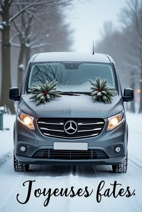 Créez une image festive pour une agence de location de voitures. Mettez en valeur un véhicule Starex CRDI 12 places avec une carrosserie grise décorée de motifs festifs, tels que des pins noirs enneigés et des flocons de neige. Ajoutez un texte élégant au ...