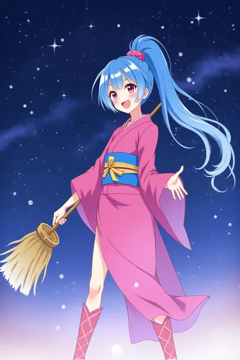 score_9, score_8_up, score_7_up, source_anime, 1girl, Botan, franja repwithtida, blue hair, ponytail, pink eyes,  long sleeves,  kimono rosa,  kimono, with, andwith de vassoura, vassoura, hud_br00m , Alone, smiling, night sky,  starry sky 