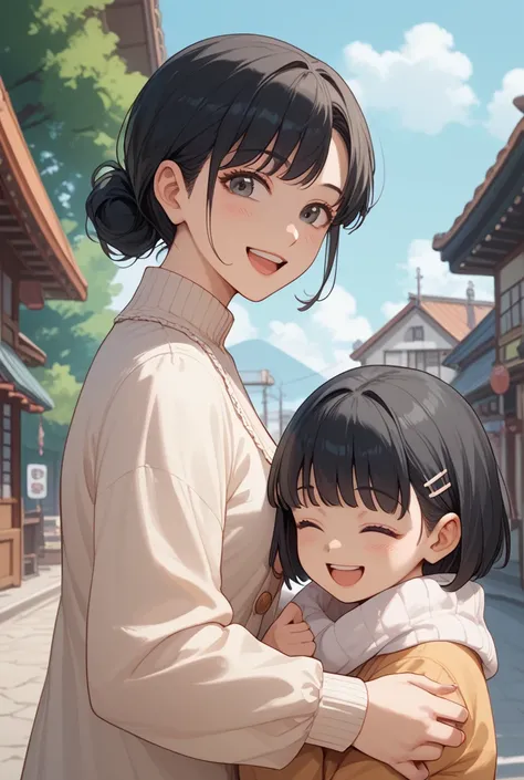 Having fun、  playing by piling up and arranging blocks。
Laughing、Mother watching over her daughter 。
Mother、 very short black hair 。
 has black hair 。
 Long Sleeve 。 anime-style illustration。