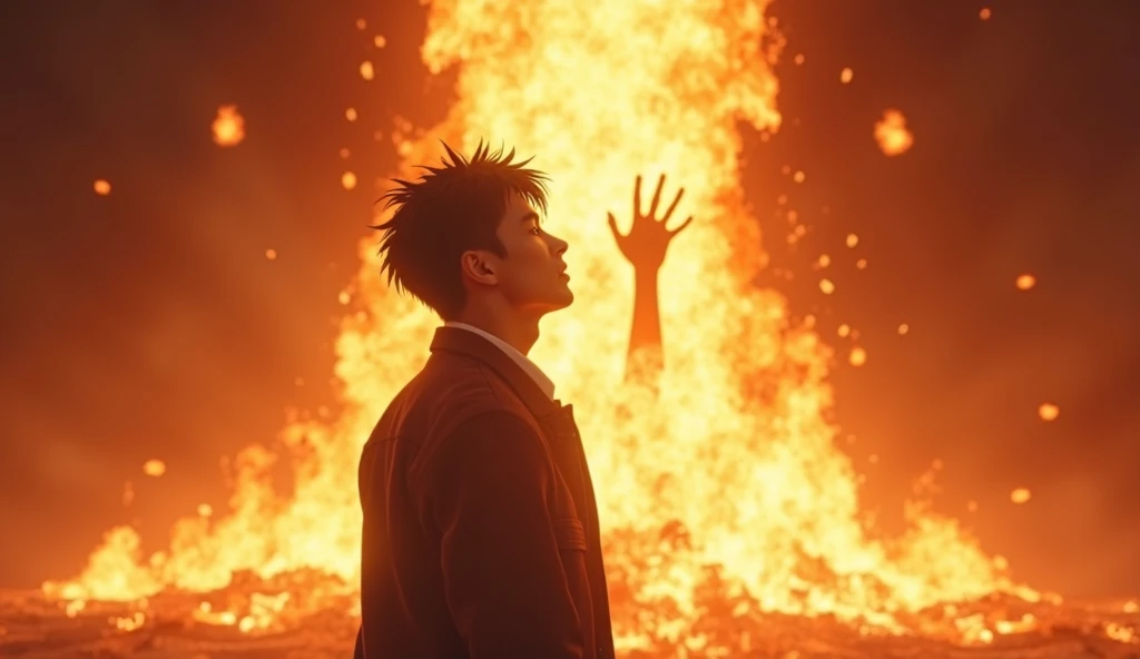 "A powerful and emotional scene of a man, Kenji, standing amidst a fiery explosion as flames rise toward the sky, engulfing everything in its path. His face reflects a final moment of peace and longing as he gazes upward, imagining the reunion with his . T...