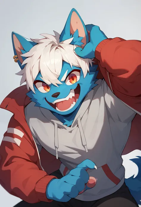 Front view, super high resolution, furry, male, dog ears, white hair, blue fur, Gray hoodie, red jacket, earrings, evil grin, big laugh,